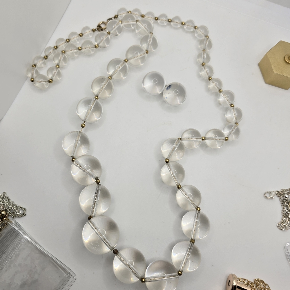 Vintage Clear Lucite Graduated Bubble Baubles Necklace 18" AND Earrings 12mm
